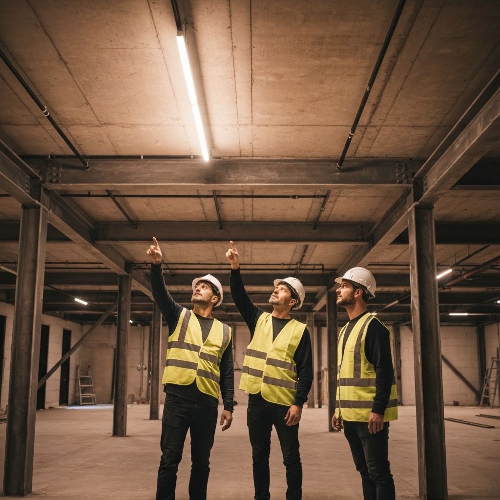 Professional workers inspecting luxury renovation